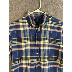 Ralph Lauren‎ Mens Large Slim Fit Blue Plaid Button Down Shirt Flesh Pony Preppy